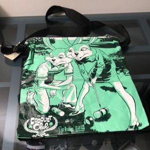 NWT. BLUE Q. Messenger Bag. Made with recycled materials. Bunnies Croquet.